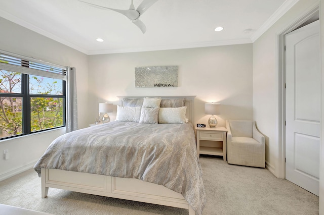bedroom featuring crown molding, recessed lighting, baseboards, and light colored carpet