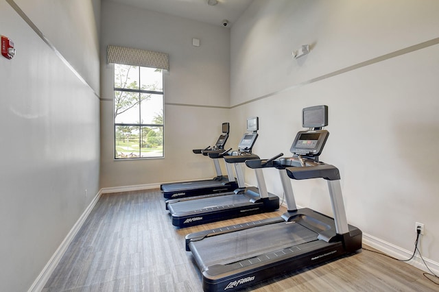 exercise room with baseboards, a towering ceiling, and wood finished floors