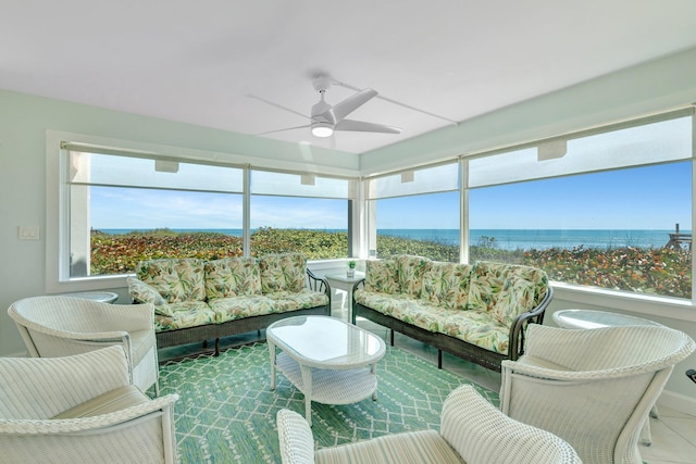 sunroom / solarium with a healthy amount of sunlight and a water view