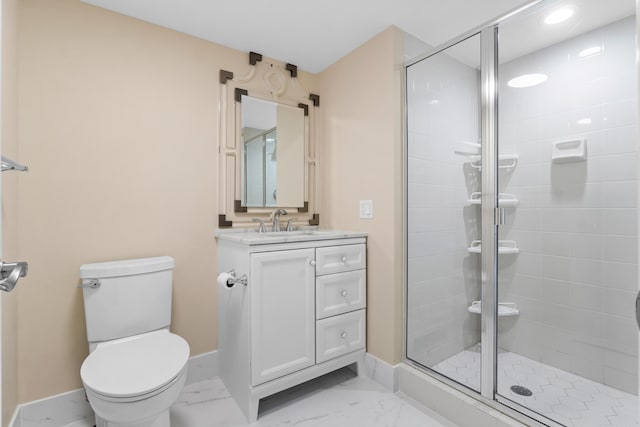 full bath featuring toilet, baseboards, and a shower stall