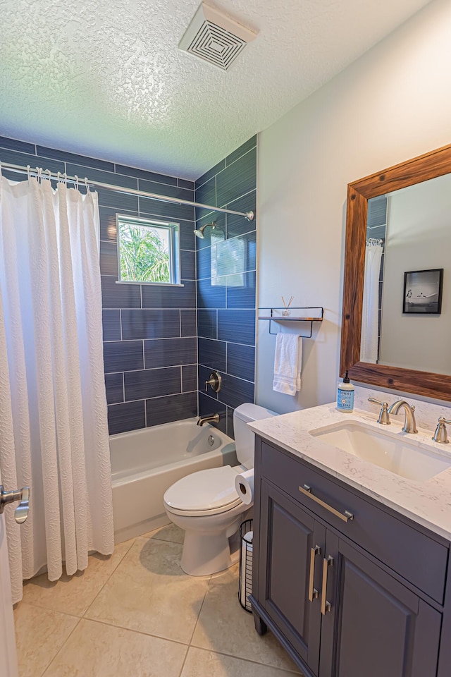 bathroom featuring vanity, toilet, tile patterned floors, shower / bathtub combination with curtain, and visible vents