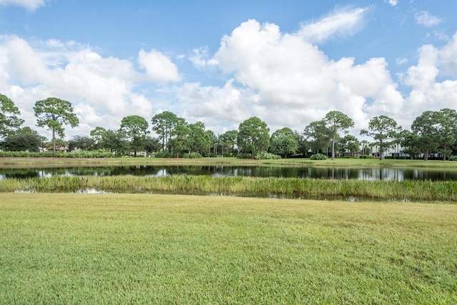 view of community with a lawn and a water view
