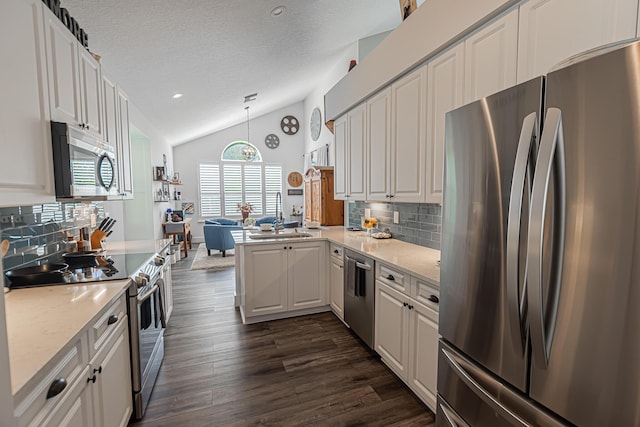 kitchen with backsplash, appliances with stainless steel finishes, a sink, and lofted ceiling
