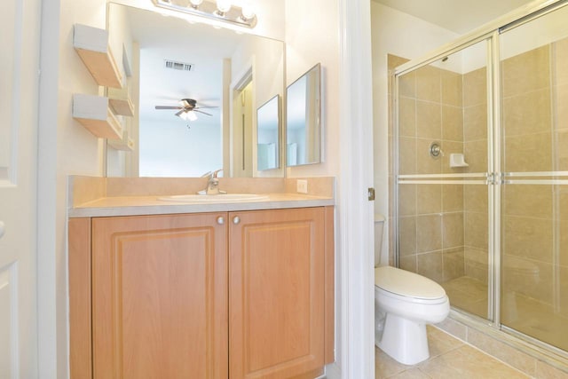 bathroom featuring tile patterned floors, visible vents, toilet, a stall shower, and ceiling fan