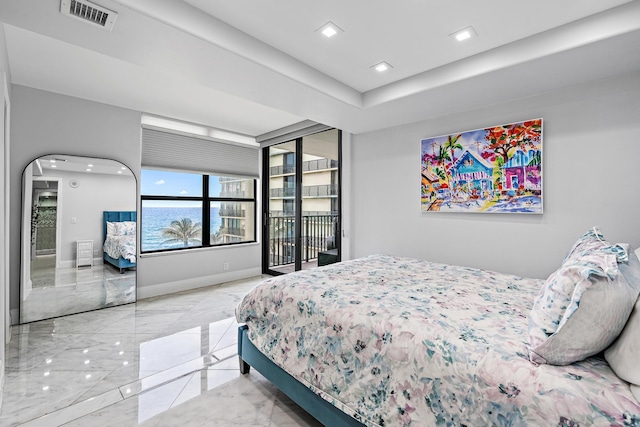 3610 S Ocean Blvd Unit 405, South Palm Beach, FL 33480 - bedroom featuring marble tiled floors, access to outside, recessed lighting, arched walkways, and baseboards
