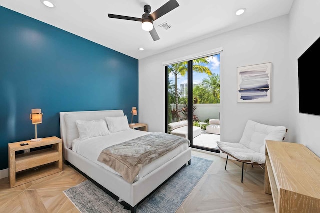 bedroom with visible vents, access to outside, recessed lighting, and ceiling fan