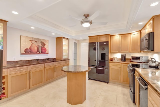 3420 S Ocean Blvd Unit 3W, Highland Beach, FL 33487 - kitchen with freestanding refrigerator, a raised ceiling, stainless steel electric stove, dark stone counters, and recessed lighting