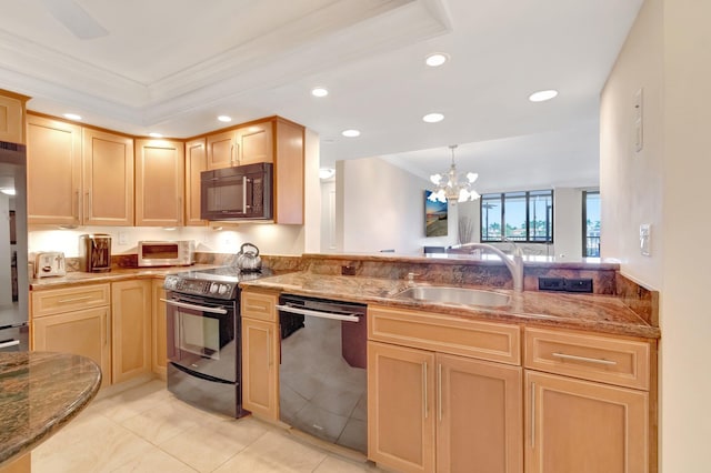 3420 S Ocean Blvd Unit 3W, Highland Beach, FL 33487 - kitchen featuring black microwave, dishwasher, range with electric cooktop, a sink, and ornamental molding