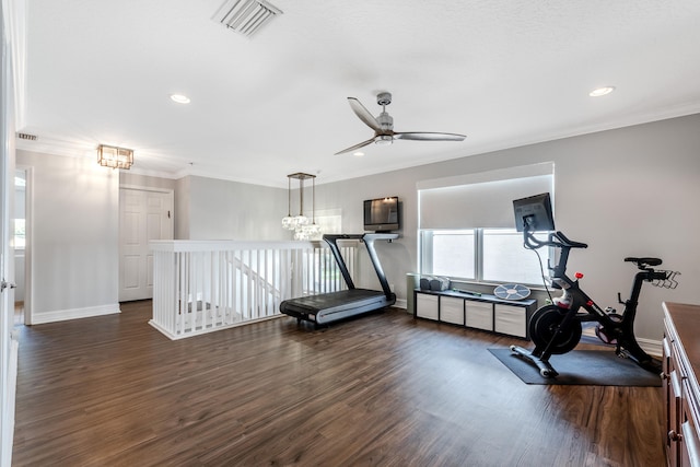 8533 Briar Rose Pt, Boynton Beach, FL 33473 - workout room with baseboards, wood finished floors, ornamental molding, recessed lighting, and a ceiling fan