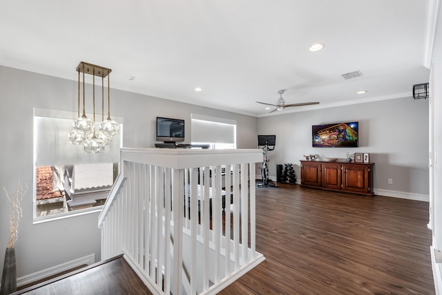 8533 Briar Rose Pt, Boynton Beach, FL 33473 - stairway featuring ornamental molding, a ceiling fan, recessed lighting, wood finished floors, and baseboards