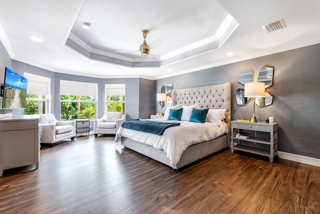 8533 Briar Rose Pt, Boynton Beach, FL 33473 - bedroom featuring ornamental molding, dark wood-style flooring, a tray ceiling, a ceiling fan, and baseboards