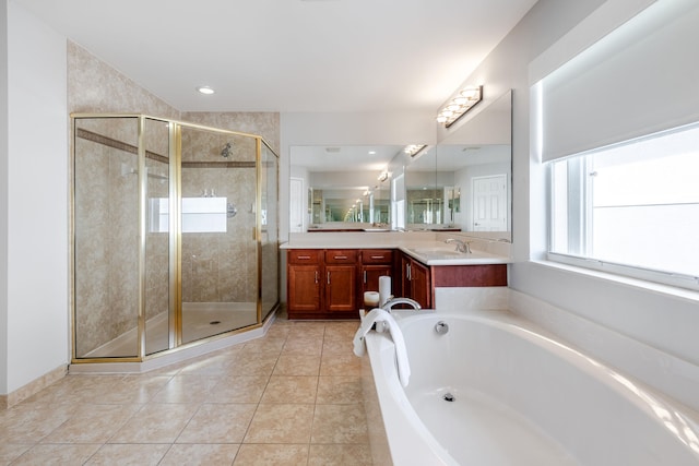 8533 Briar Rose Pt, Boynton Beach, FL 33473 - full bathroom with vanity, a garden tub, a stall shower, and tile patterned floors