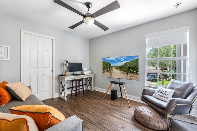 8533 Briar Rose Pt, Boynton Beach, FL 33473 - living area featuring ceiling fan, wood finished floors, baseboards, and a desk