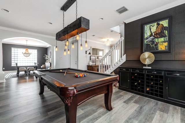8533 Briar Rose Pt, Boynton Beach, FL 33473 - game room with ornate columns, wood finished floors, billiards table, a chandelier, and ornamental molding
