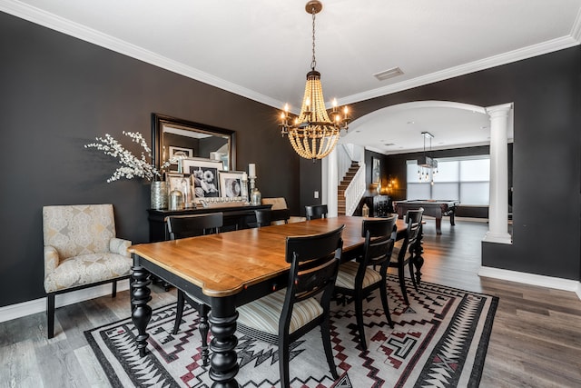 8533 Briar Rose Pt, Boynton Beach, FL 33473 - dining area with billiards table, stairway, wood finished floors, arched walkways, and baseboards