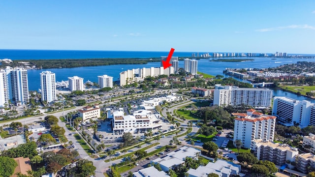 drone / aerial view featuring a city view and a water view