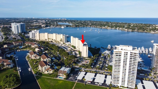 drone / aerial view with a water view