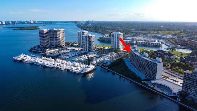 bird's eye view featuring a water view and a city view