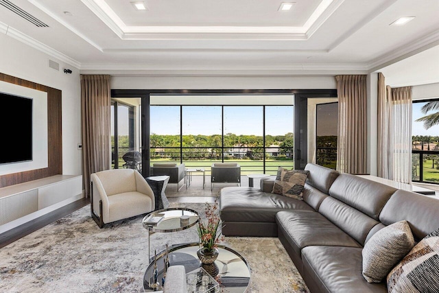 7383 Orangewood Ln Unit 304, Boca Raton, FL 33433 - living room featuring a raised ceiling, plenty of natural light, ornamental molding, and wood finished floors