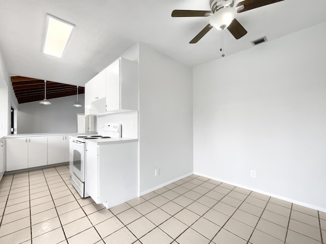 kitchen featuring visible vents, white cabinetry, ceiling fan, and electric range