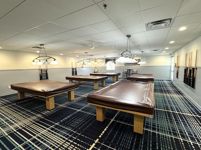 game room featuring wainscoting, carpet flooring, and pool table
