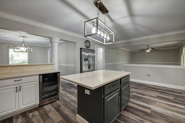 kitchen featuring white cabinetry, light countertops, dark wood finished floors, stainless steel refrigerator with ice dispenser, and wine cooler