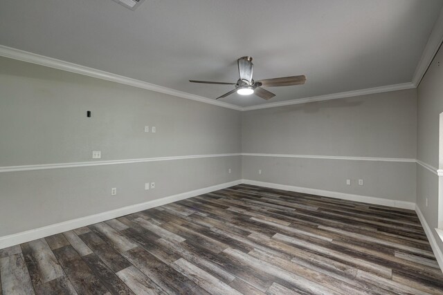 empty room with baseboards, wood finished floors, ceiling fan, and ornamental molding