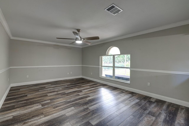 unfurnished room featuring dark wood-style floors, visible vents, ceiling fan, and baseboards
