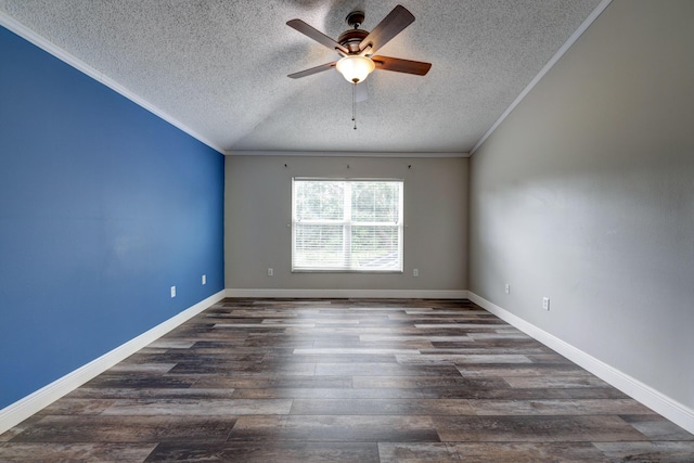 spare room with a textured ceiling, ceiling fan, wood finished floors, and ornamental molding