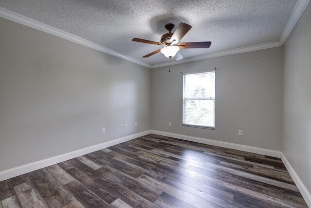 empty room featuring a textured ceiling, dark wood-style flooring, and a ceiling fan