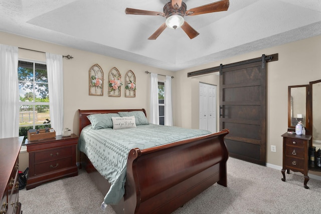 bedroom featuring a barn door, multiple windows, carpet flooring, and a tray ceiling