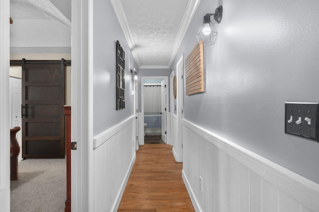 hallway featuring a barn door, a textured ceiling, crown molding, and wainscoting