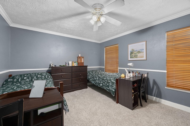bedroom with carpet, a ceiling fan, and a textured ceiling