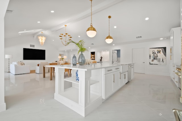 kitchen featuring open shelves, recessed lighting, beamed ceiling, and a sink