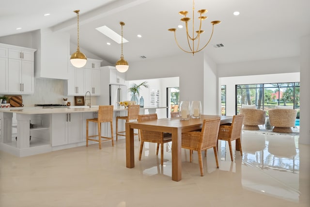 dining room with beam ceiling, light tile patterned flooring, a notable chandelier, high vaulted ceiling, and visible vents