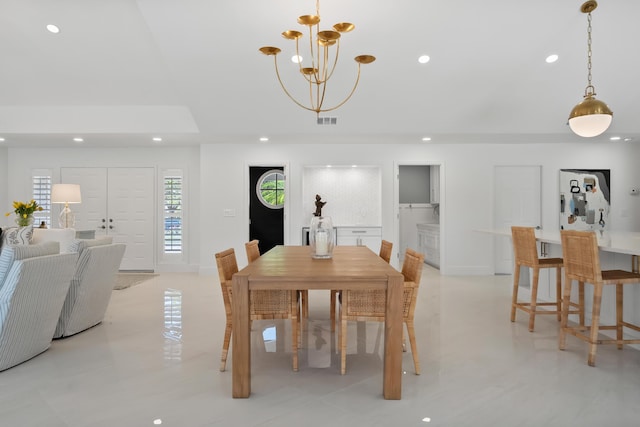dining room with visible vents, recessed lighting, and an inviting chandelier