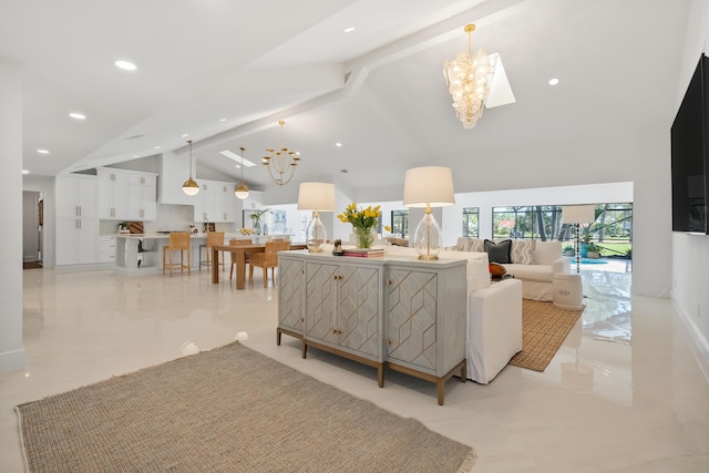 living area featuring a chandelier, high vaulted ceiling, light tile patterned floors, and beam ceiling
