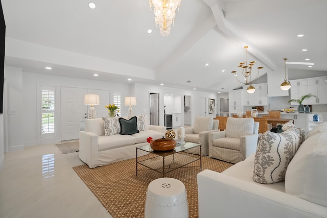 living area featuring an inviting chandelier, recessed lighting, high vaulted ceiling, and beamed ceiling