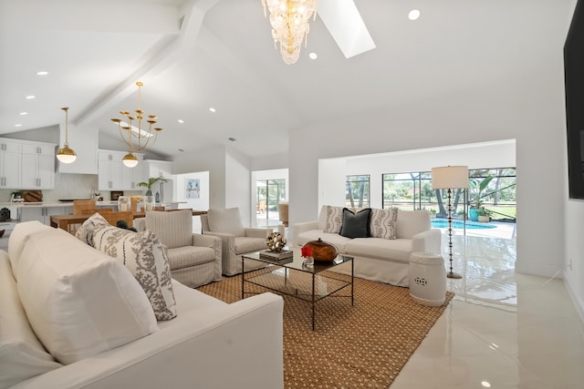 living room with recessed lighting, a chandelier, light tile patterned floors, beam ceiling, and high vaulted ceiling
