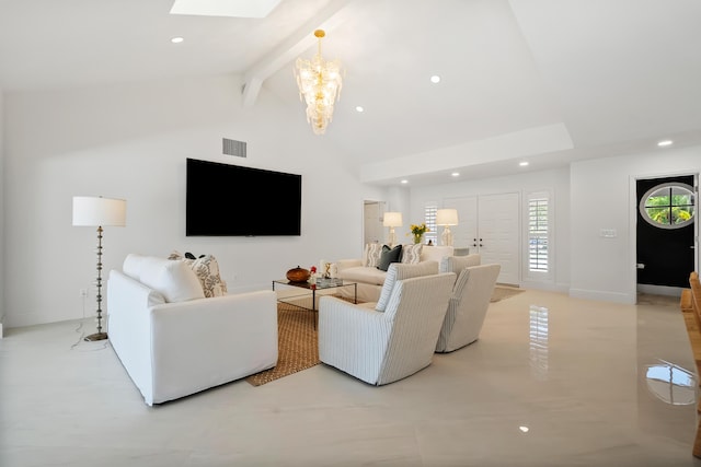 living room featuring recessed lighting, baseboards, visible vents, a notable chandelier, and lofted ceiling with skylight