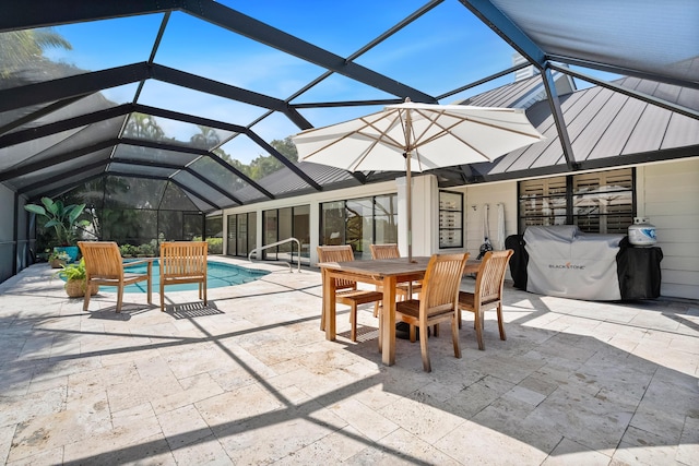 view of patio / terrace featuring outdoor dining space, an outdoor pool, and a lanai