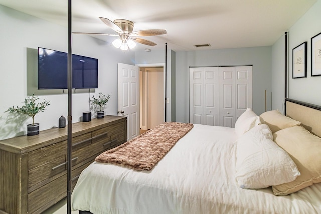 bedroom featuring ceiling fan and a closet