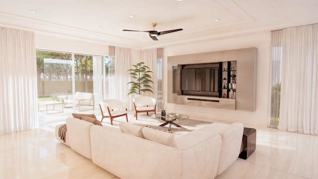 4594 133rd Rd S Amalfi, Unit Amalfi, Delray Beach, FL 33445 - living room with recessed lighting, a raised ceiling, a ceiling fan, and tile patterned flooring