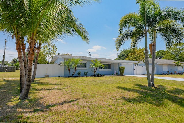712 NE Camino St, Port Saint Lucie, FL 34952 - ranch-style house featuring a gate, fence, a front lawn, concrete driveway, and an attached garage