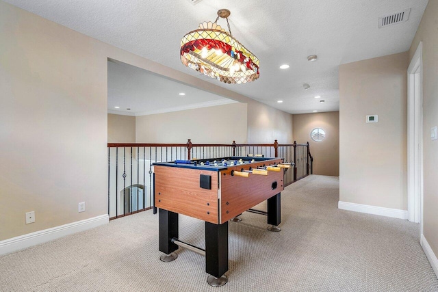 game room with visible vents, recessed lighting, carpet flooring, and baseboards