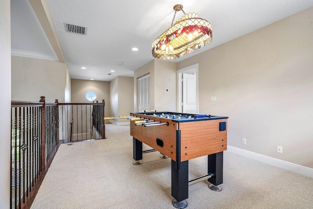 game room with recessed lighting, visible vents, carpet, and baseboards