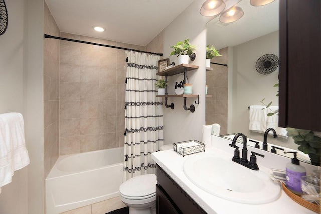 full bathroom with shower / tub combo, toilet, recessed lighting, tile patterned floors, and vanity