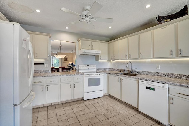 kitchen with ceiling fan, a sink, white appliances, recessed lighting, and under cabinet range hood