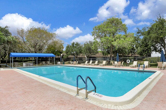 pool featuring a patio and fence