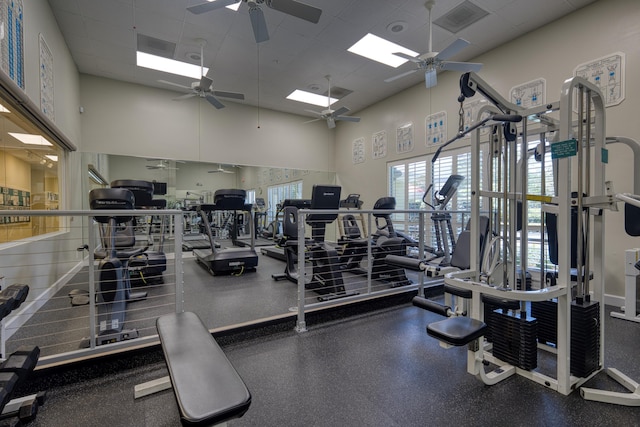 1054 NW Tuscany Dr, Port Saint Lucie, FL 34986 - exercise room featuring a towering ceiling, ceiling fan, visible vents, and a drop ceiling